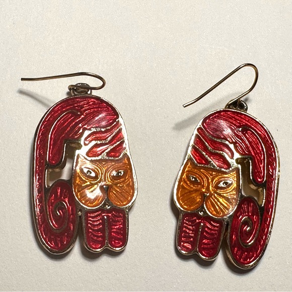 Edgar Berebi Jewelry - Vintage Edgar Berebi Cat Dangle Earrings Red Orange Guilloche Enamel Gold Tone